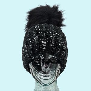 Kyi Kyi Hat Beanie Black Chunky Ribbed Cuffed Faux Fur Pom Pom Cottagecore Gift